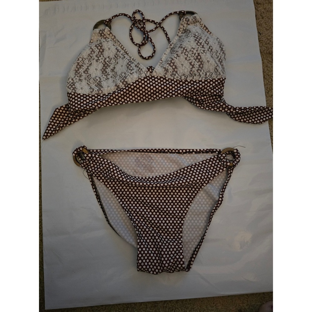 Brown Polka Dot and White Lace Halter Bikini Set with O-Ring Details XL